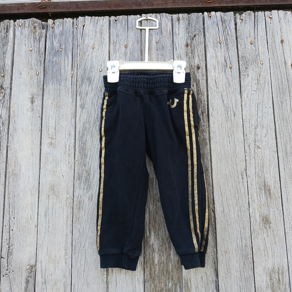 True Religion Black Joggers 2T Pockets Toddlers Logo Pull On Gold Stripe - Picture 1 of 5